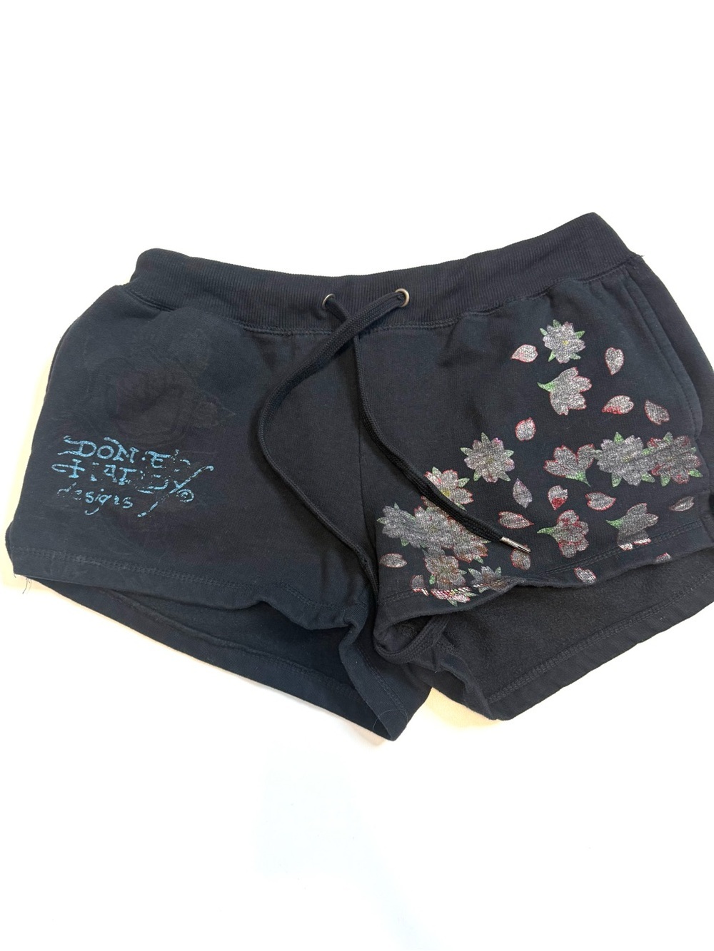 Ed Hardy Black Fleece Drawstring Shorts Floral Cherry Blossom Phoenix Logo Large